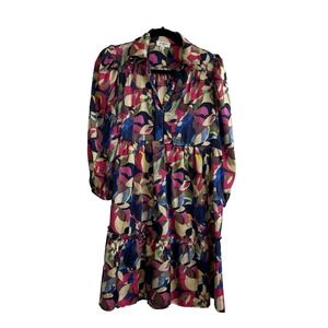 Umgee Midi Dress Womens Small Red Blue Floral Tiered Longsleeve Boho Summer beac